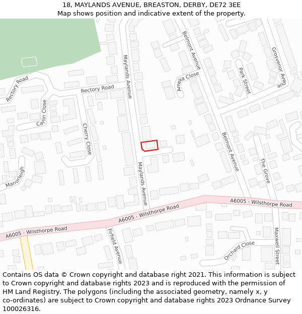 18, MAYLANDS AVENUE, BREASTON, DERBY, DE72 3EE: Location map and indicative extent of plot