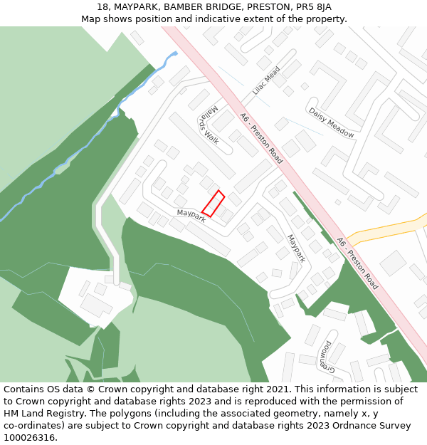 18, MAYPARK, BAMBER BRIDGE, PRESTON, PR5 8JA: Location map and indicative extent of plot