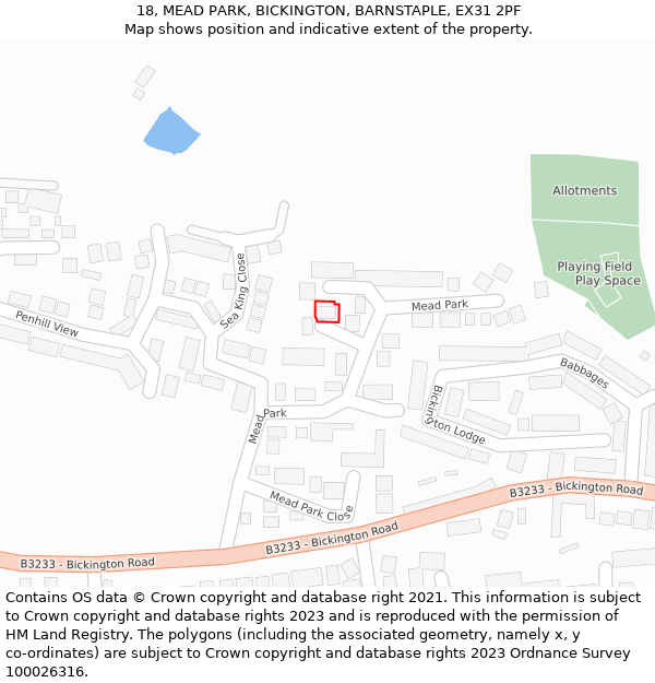 18, MEAD PARK, BICKINGTON, BARNSTAPLE, EX31 2PF: Location map and indicative extent of plot