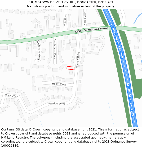 18, MEADOW DRIVE, TICKHILL, DONCASTER, DN11 9ET: Location map and indicative extent of plot