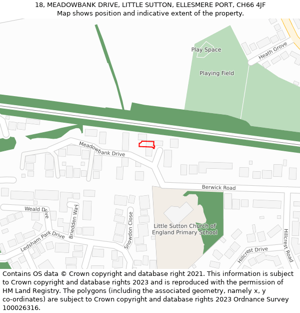 18, MEADOWBANK DRIVE, LITTLE SUTTON, ELLESMERE PORT, CH66 4JF: Location map and indicative extent of plot