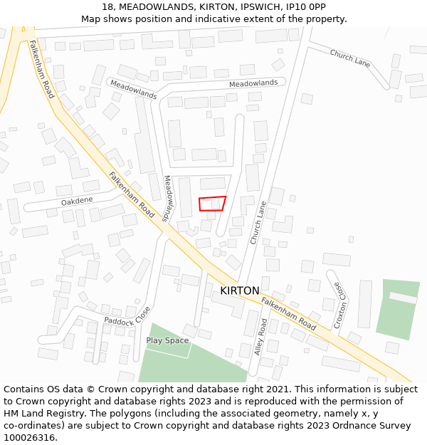 18, MEADOWLANDS, KIRTON, IPSWICH, IP10 0PP: Location map and indicative extent of plot