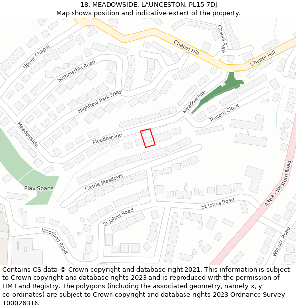 18, MEADOWSIDE, LAUNCESTON, PL15 7DJ: Location map and indicative extent of plot