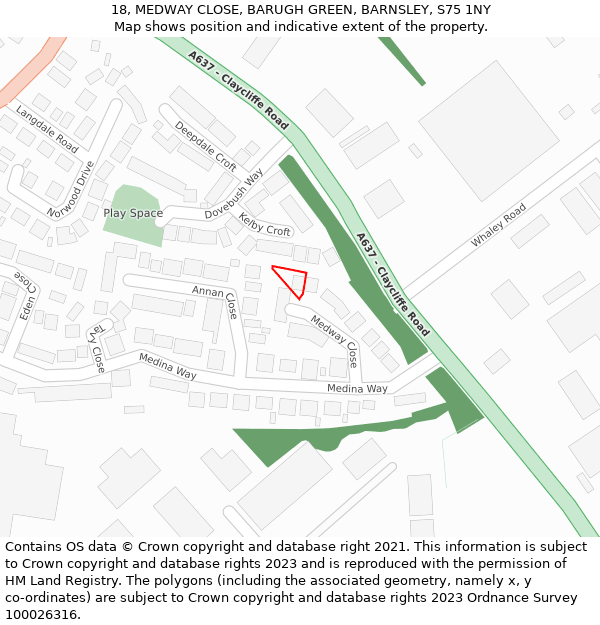 18, MEDWAY CLOSE, BARUGH GREEN, BARNSLEY, S75 1NY: Location map and indicative extent of plot