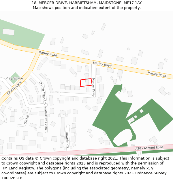 18, MERCER DRIVE, HARRIETSHAM, MAIDSTONE, ME17 1AY: Location map and indicative extent of plot