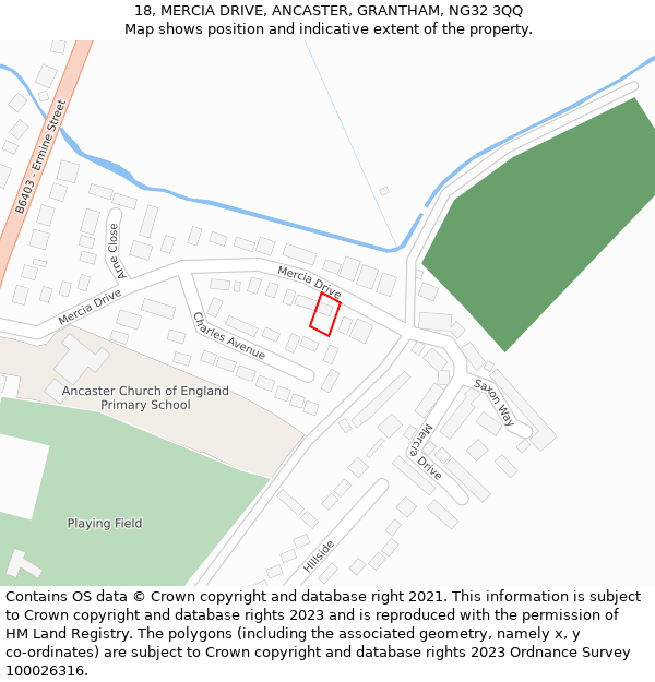18, MERCIA DRIVE, ANCASTER, GRANTHAM, NG32 3QQ: Location map and indicative extent of plot