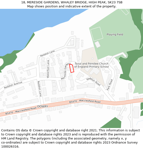 18, MERESIDE GARDENS, WHALEY BRIDGE, HIGH PEAK, SK23 7SB: Location map and indicative extent of plot