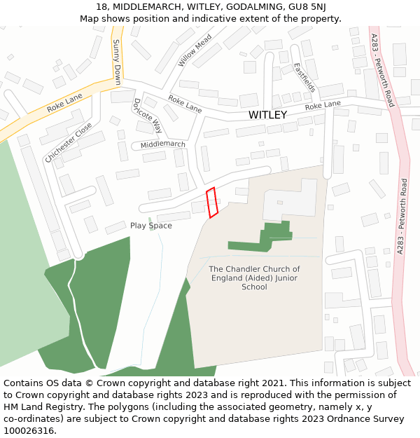 18, MIDDLEMARCH, WITLEY, GODALMING, GU8 5NJ: Location map and indicative extent of plot
