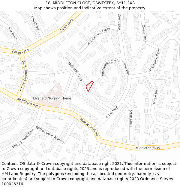 18, MIDDLETON CLOSE, OSWESTRY, SY11 2XS: Location map and indicative extent of plot