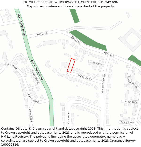 18, MILL CRESCENT, WINGERWORTH, CHESTERFIELD, S42 6NN: Location map and indicative extent of plot