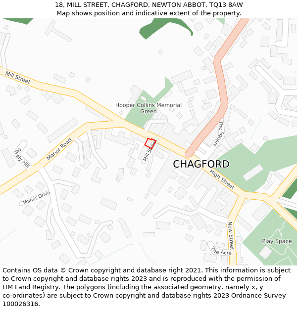 18, MILL STREET, CHAGFORD, NEWTON ABBOT, TQ13 8AW: Location map and indicative extent of plot