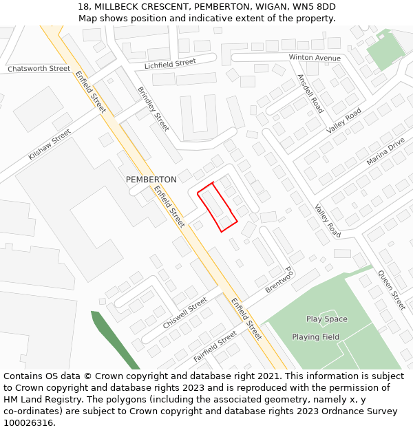 18, MILLBECK CRESCENT, PEMBERTON, WIGAN, WN5 8DD: Location map and indicative extent of plot