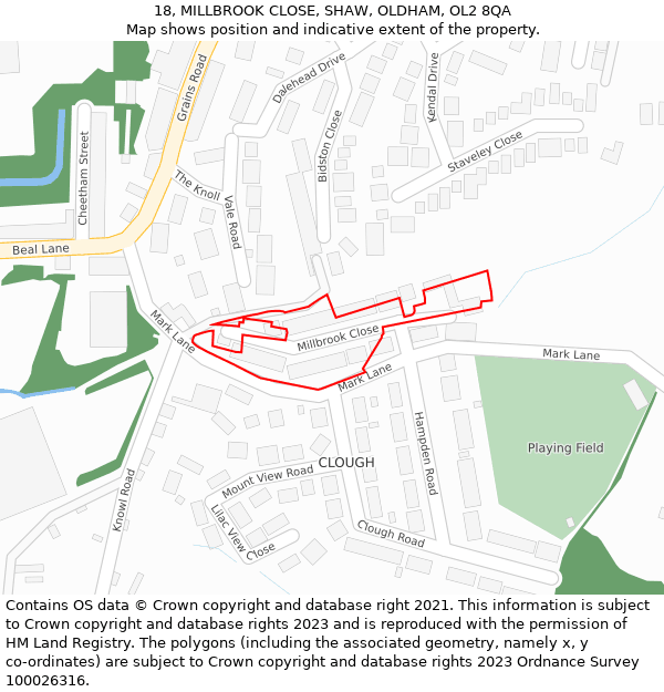 18, MILLBROOK CLOSE, SHAW, OLDHAM, OL2 8QA: Location map and indicative extent of plot