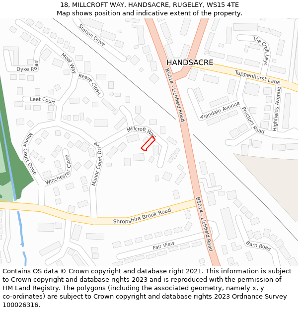 18, MILLCROFT WAY, HANDSACRE, RUGELEY, WS15 4TE: Location map and indicative extent of plot