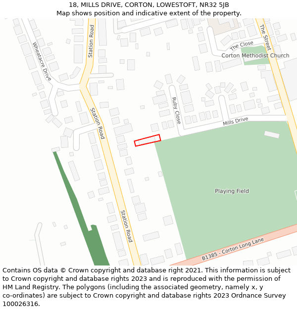 18, MILLS DRIVE, CORTON, LOWESTOFT, NR32 5JB: Location map and indicative extent of plot