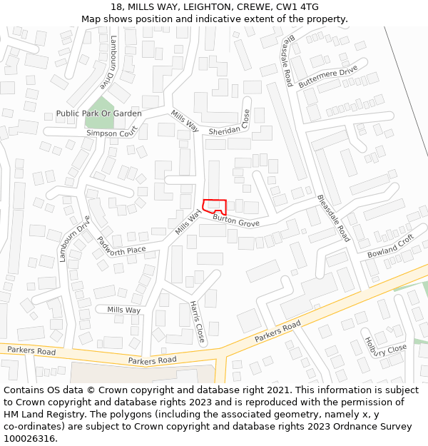 18, MILLS WAY, LEIGHTON, CREWE, CW1 4TG: Location map and indicative extent of plot