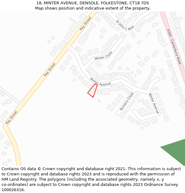 18, MINTER AVENUE, DENSOLE, FOLKESTONE, CT18 7DS: Location map and indicative extent of plot