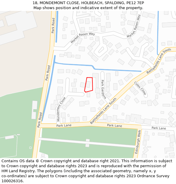 18, MONDEMONT CLOSE, HOLBEACH, SPALDING, PE12 7EP: Location map and indicative extent of plot