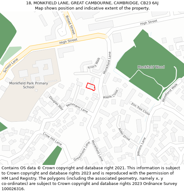 18, MONKFIELD LANE, GREAT CAMBOURNE, CAMBRIDGE, CB23 6AJ: Location map and indicative extent of plot