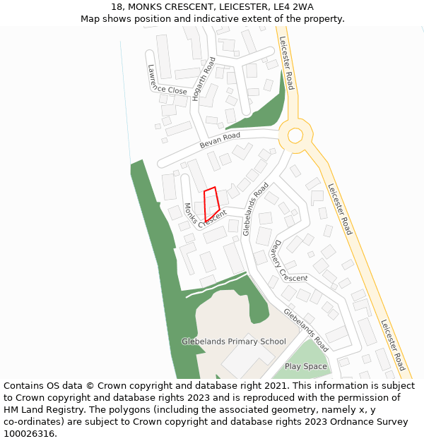 18, MONKS CRESCENT, LEICESTER, LE4 2WA: Location map and indicative extent of plot