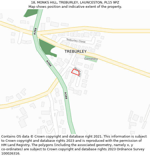 18, MONKS HILL, TREBURLEY, LAUNCESTON, PL15 9PZ: Location map and indicative extent of plot