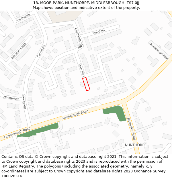 18, MOOR PARK, NUNTHORPE, MIDDLESBROUGH, TS7 0JJ: Location map and indicative extent of plot