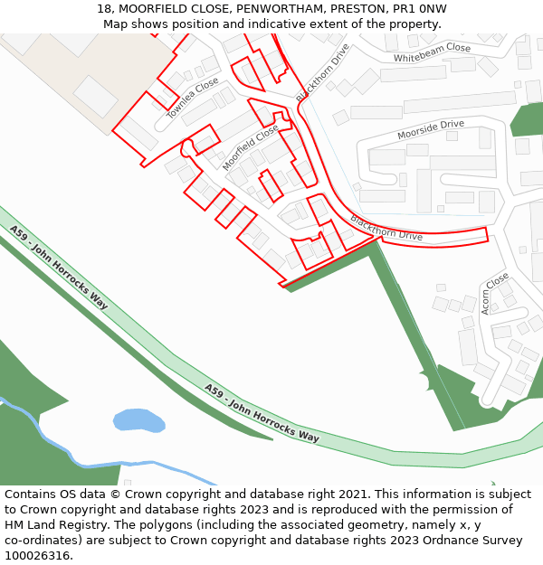 18, MOORFIELD CLOSE, PENWORTHAM, PRESTON, PR1 0NW: Location map and indicative extent of plot