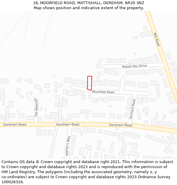 18, MOORFIELD ROAD, MATTISHALL, DEREHAM, NR20 3NZ: Location map and indicative extent of plot