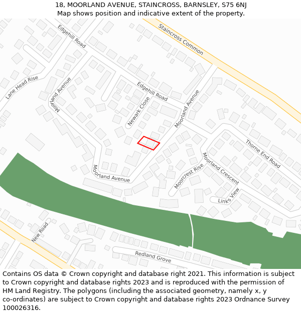 18, MOORLAND AVENUE, STAINCROSS, BARNSLEY, S75 6NJ: Location map and indicative extent of plot