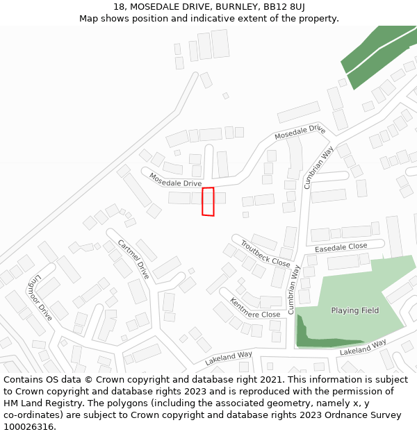 18, MOSEDALE DRIVE, BURNLEY, BB12 8UJ: Location map and indicative extent of plot