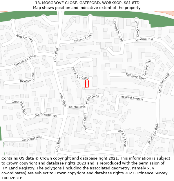 18, MOSGROVE CLOSE, GATEFORD, WORKSOP, S81 8TD: Location map and indicative extent of plot