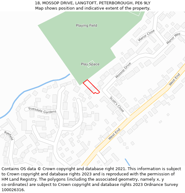 18, MOSSOP DRIVE, LANGTOFT, PETERBOROUGH, PE6 9LY: Location map and indicative extent of plot