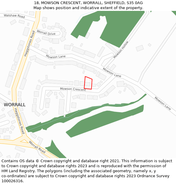 18, MOWSON CRESCENT, WORRALL, SHEFFIELD, S35 0AG: Location map and indicative extent of plot