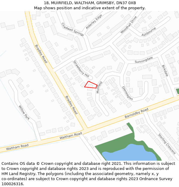 18, MUIRFIELD, WALTHAM, GRIMSBY, DN37 0XB: Location map and indicative extent of plot