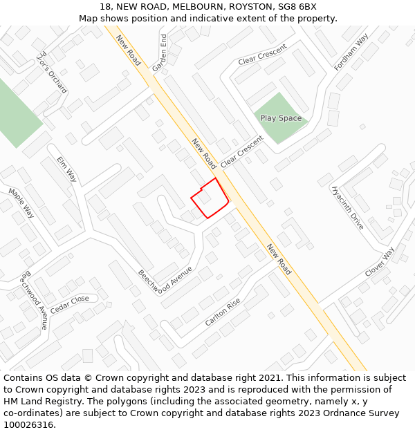 18, NEW ROAD, MELBOURN, ROYSTON, SG8 6BX: Location map and indicative extent of plot