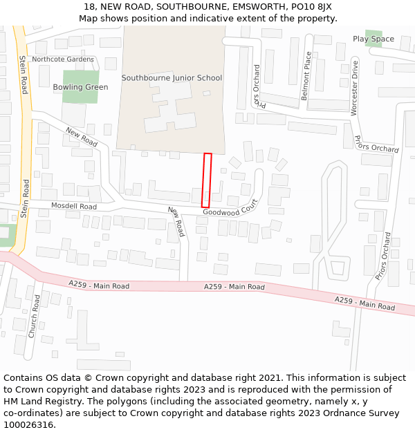 18, NEW ROAD, SOUTHBOURNE, EMSWORTH, PO10 8JX: Location map and indicative extent of plot