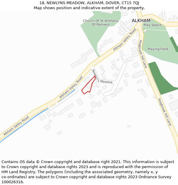 18, NEWLYNS MEADOW, ALKHAM, DOVER, CT15 7QJ: Location map and indicative extent of plot