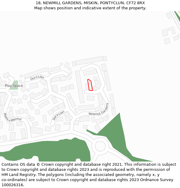 18, NEWMILL GARDENS, MISKIN, PONTYCLUN, CF72 8RX: Location map and indicative extent of plot