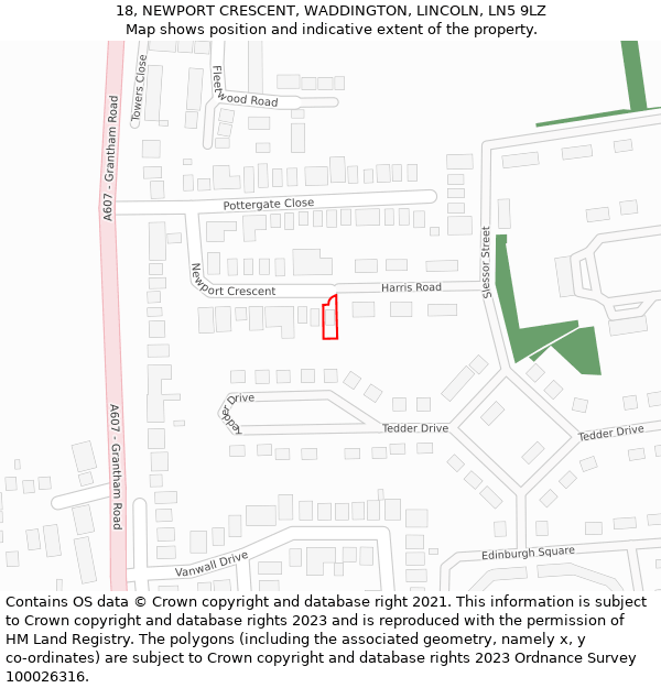 18, NEWPORT CRESCENT, WADDINGTON, LINCOLN, LN5 9LZ: Location map and indicative extent of plot