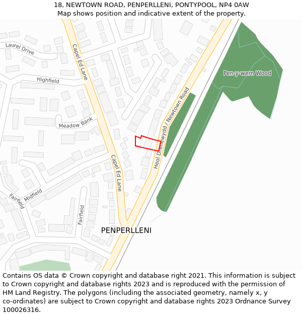 18, NEWTOWN ROAD, PENPERLLENI, PONTYPOOL, NP4 0AW: Location map and indicative extent of plot