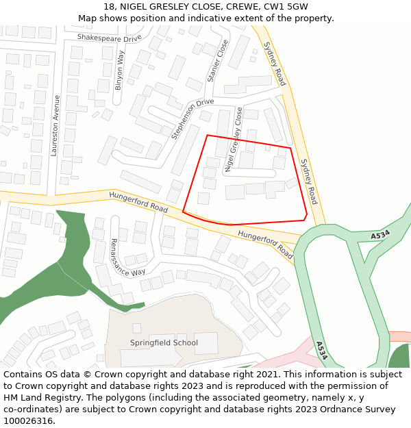 18, NIGEL GRESLEY CLOSE, CREWE, CW1 5GW: Location map and indicative extent of plot