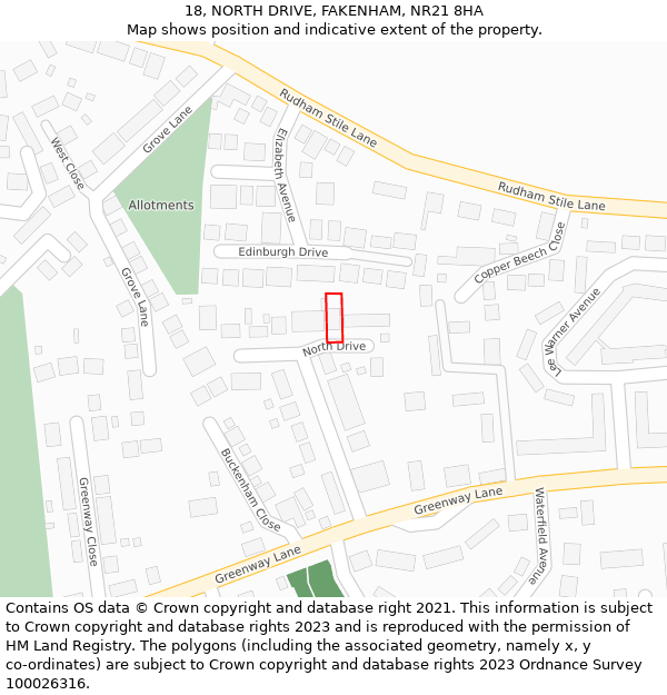 18, NORTH DRIVE, FAKENHAM, NR21 8HA: Location map and indicative extent of plot