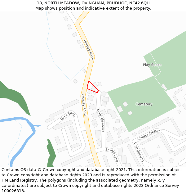 18, NORTH MEADOW, OVINGHAM, PRUDHOE, NE42 6QH: Location map and indicative extent of plot