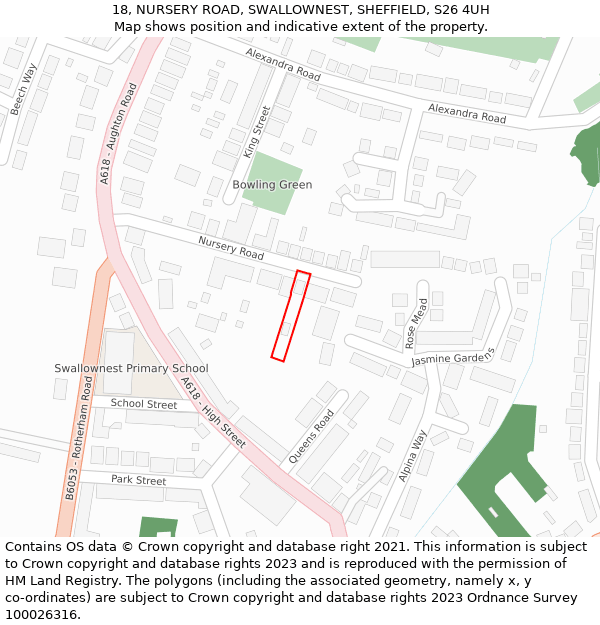18, NURSERY ROAD, SWALLOWNEST, SHEFFIELD, S26 4UH: Location map and indicative extent of plot