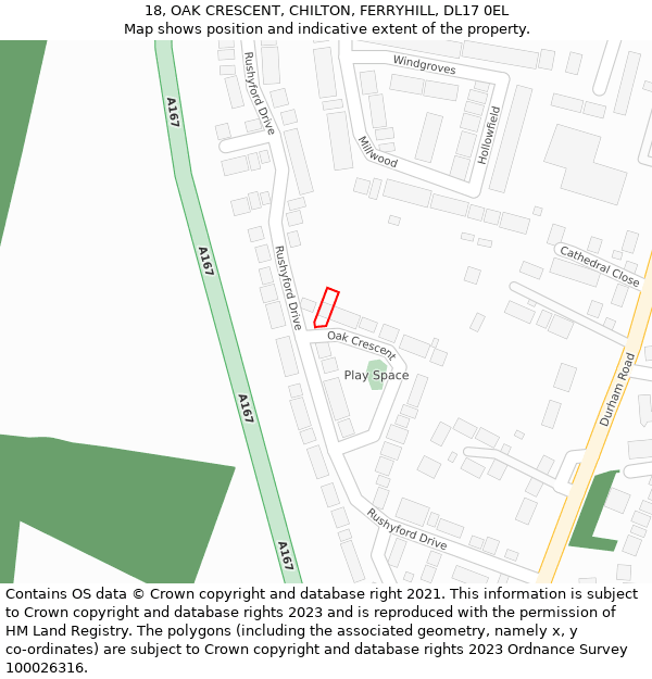 18, OAK CRESCENT, CHILTON, FERRYHILL, DL17 0EL: Location map and indicative extent of plot