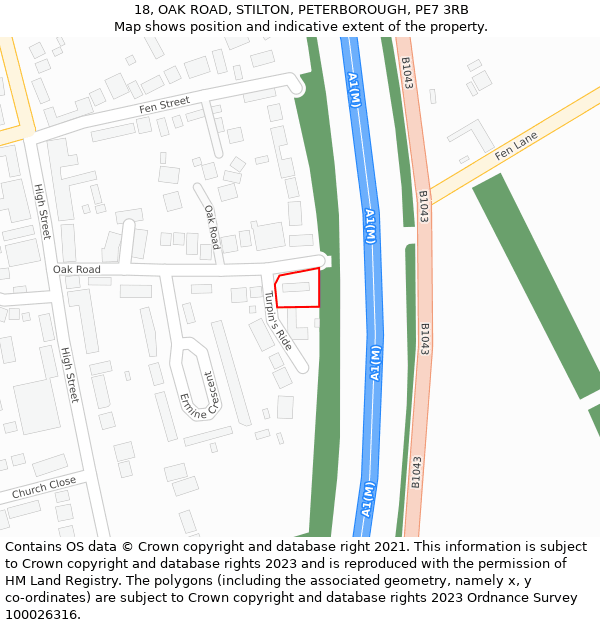 18, OAK ROAD, STILTON, PETERBOROUGH, PE7 3RB: Location map and indicative extent of plot