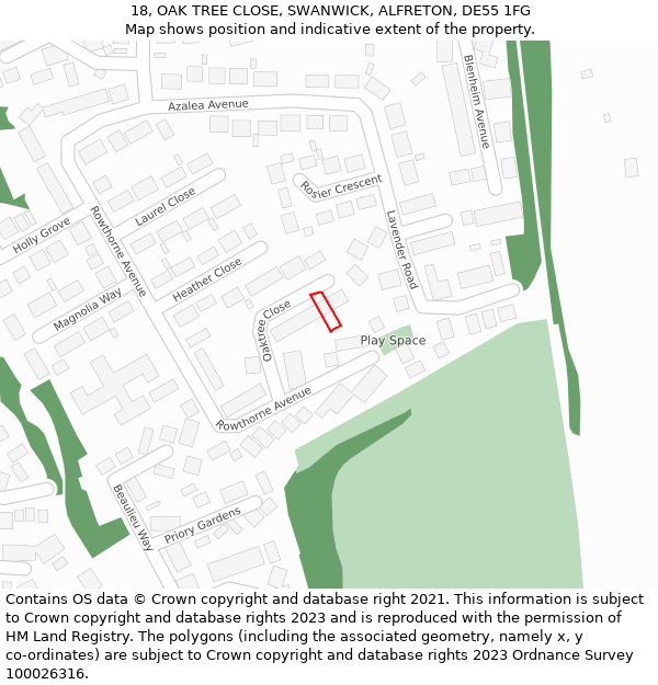 18, OAK TREE CLOSE, SWANWICK, ALFRETON, DE55 1FG: Location map and indicative extent of plot