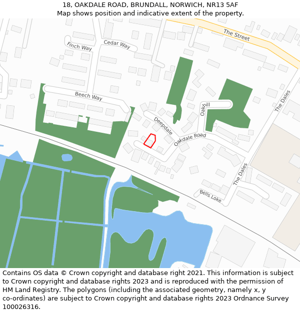 18, OAKDALE ROAD, BRUNDALL, NORWICH, NR13 5AF: Location map and indicative extent of plot