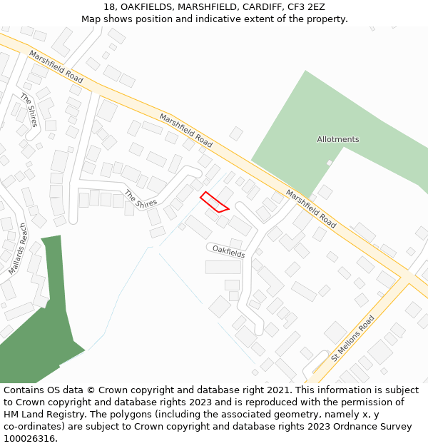 18, OAKFIELDS, MARSHFIELD, CARDIFF, CF3 2EZ: Location map and indicative extent of plot