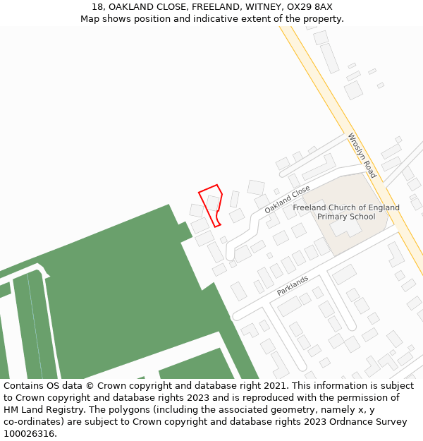 18, OAKLAND CLOSE, FREELAND, WITNEY, OX29 8AX: Location map and indicative extent of plot